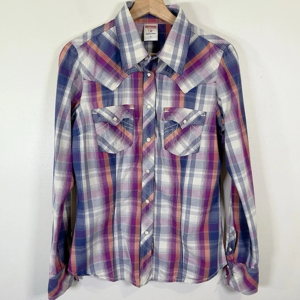 True Religion Plaid Men's Long Sleeve Snap Button  Western Shirt